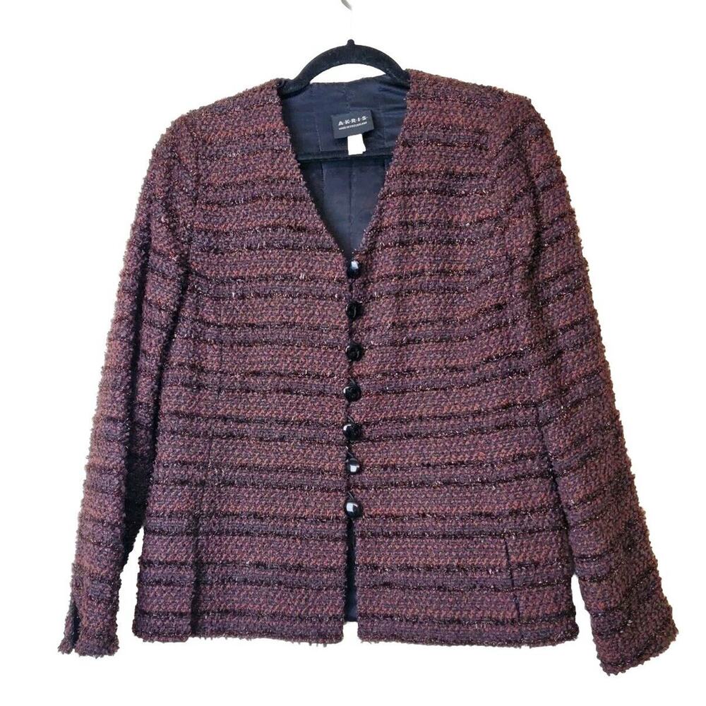 Akris 10 Women Wool Blazer Brown Tweed‎ Textured Career Business Designer Medium